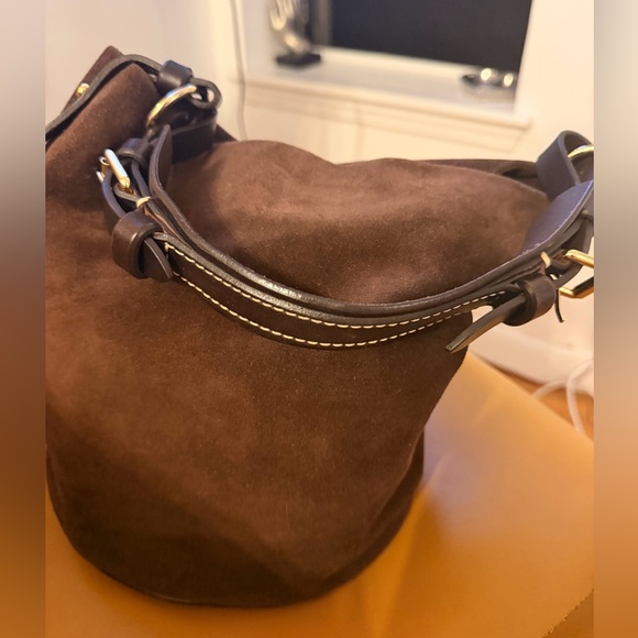 Vintage USA Dooney & Bourke Brown Suede Bucket Bag Purse Snap Bucket Shoulder - Picture 2 of 10